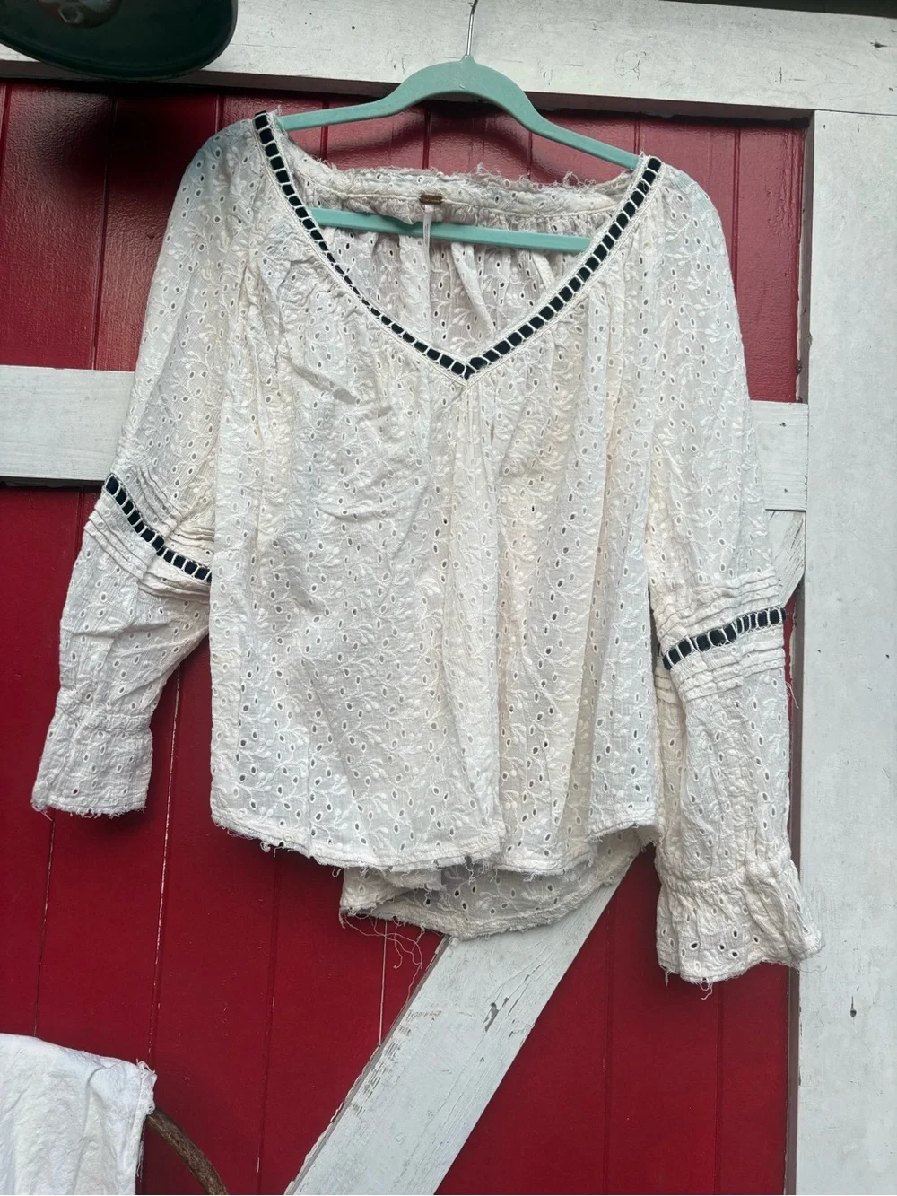 Free People Cream Eyelet V-Neck Blouse with Navy Trim